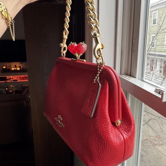 Coach Cherry Red Leather Clutch with Gold Chain